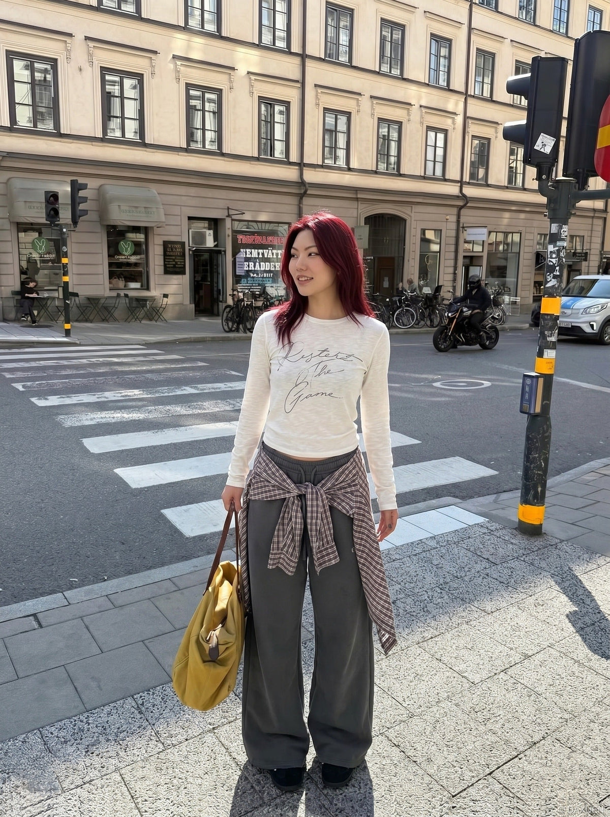DAXUEN Distressed script long sleeve t-shirt in beige and grey