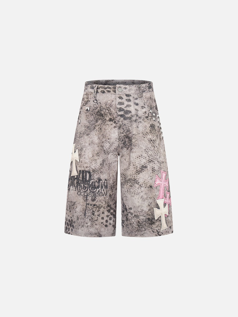DAXUEN washed grey animalistic print wide-leg shorts
