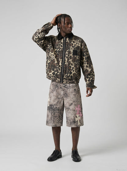 DAXUEN washed grey animalistic print wide-leg shorts — model photo