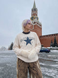 Distressed Star Appliqué Waffle Knit Top