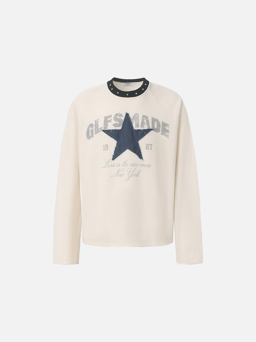 Distressed Star Appliqué Waffle Knit Top
