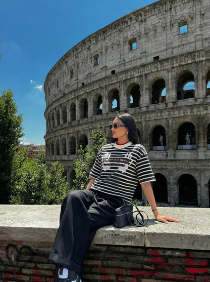 DAXUEN Distressed stripe graphic t-shirt — model photo