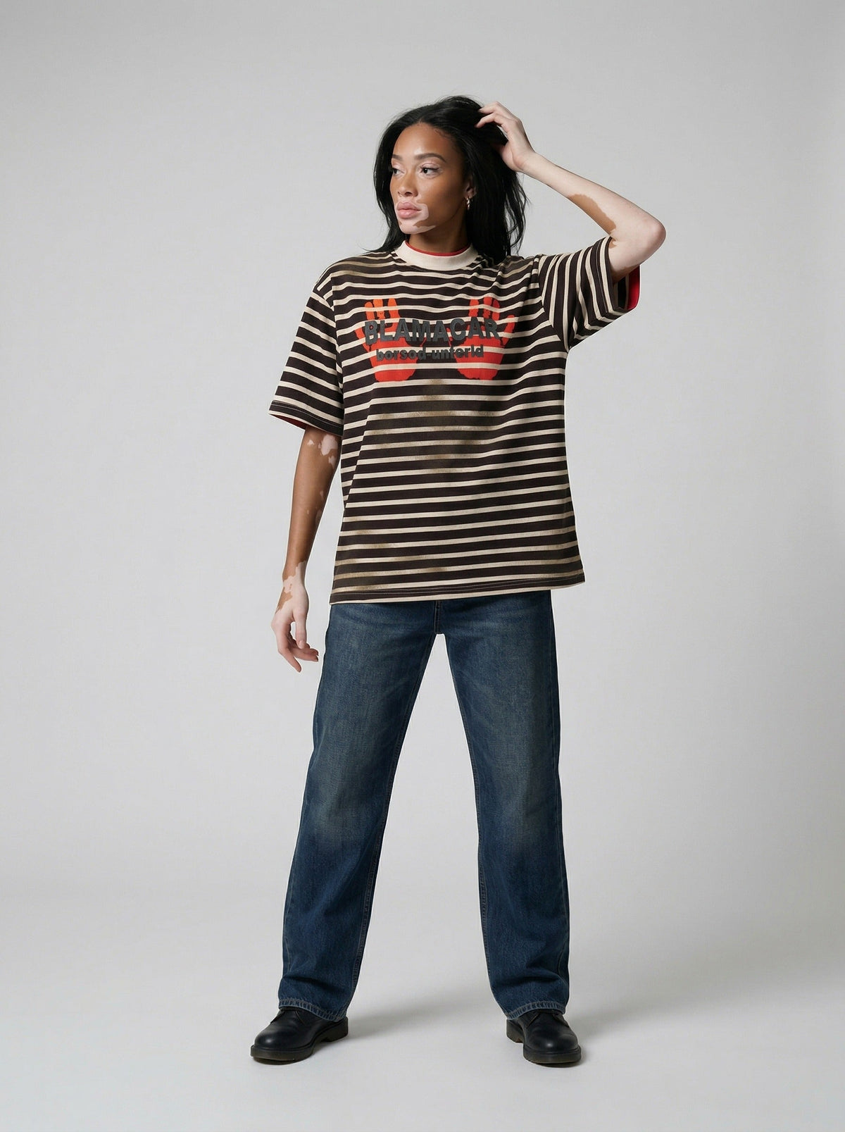 DAXUEN Distressed stripe graphic t-shirt — model photo