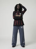 DAXUEN washed dark blue-grey wide-leg sweatpants with sword graphic — model photo
