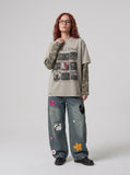 DAXUEN light taupe distressed graphic long sleeve t-shirt — model photo