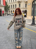 DAXUEN light taupe distressed graphic long sleeve t-shirt — model photo