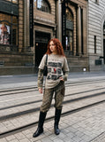 DAXUEN light taupe distressed graphic long sleeve t-shirt — model photo