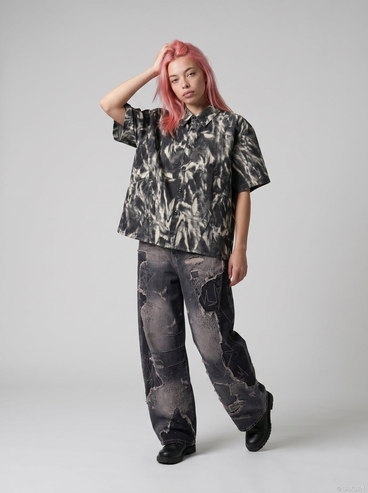 DAXUEN Distressed tie-dye short-sleeved button-up shirt — model photo