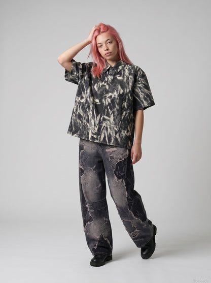 DAXUEN Distressed tie-dye short-sleeved button-up shirt — model photo