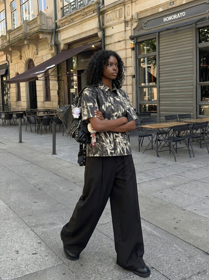 DAXUEN Distressed tie-dye short-sleeved button-up shirt — model photo