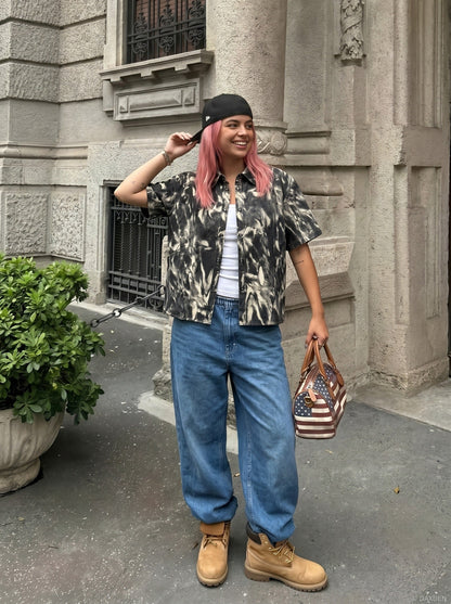 DAXUEN Distressed tie-dye short-sleeved button-up shirt — model photo