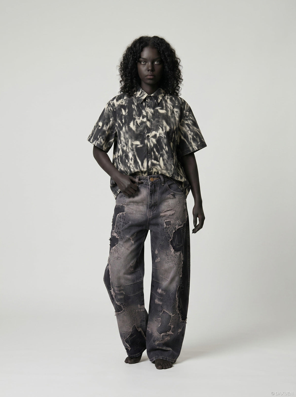 DAXUEN Distressed tie-dye short-sleeved button-up shirt — model photo