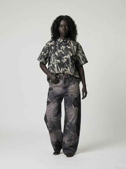 DAXUEN Distressed tie-dye short-sleeved button-up shirt — model photo