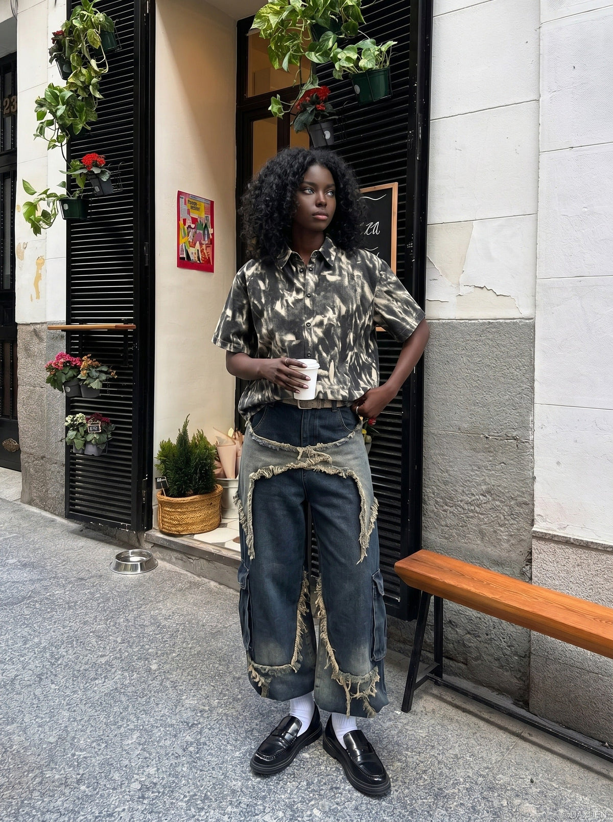 DAXUEN Distressed tie-dye short-sleeved button-up shirt — model photo