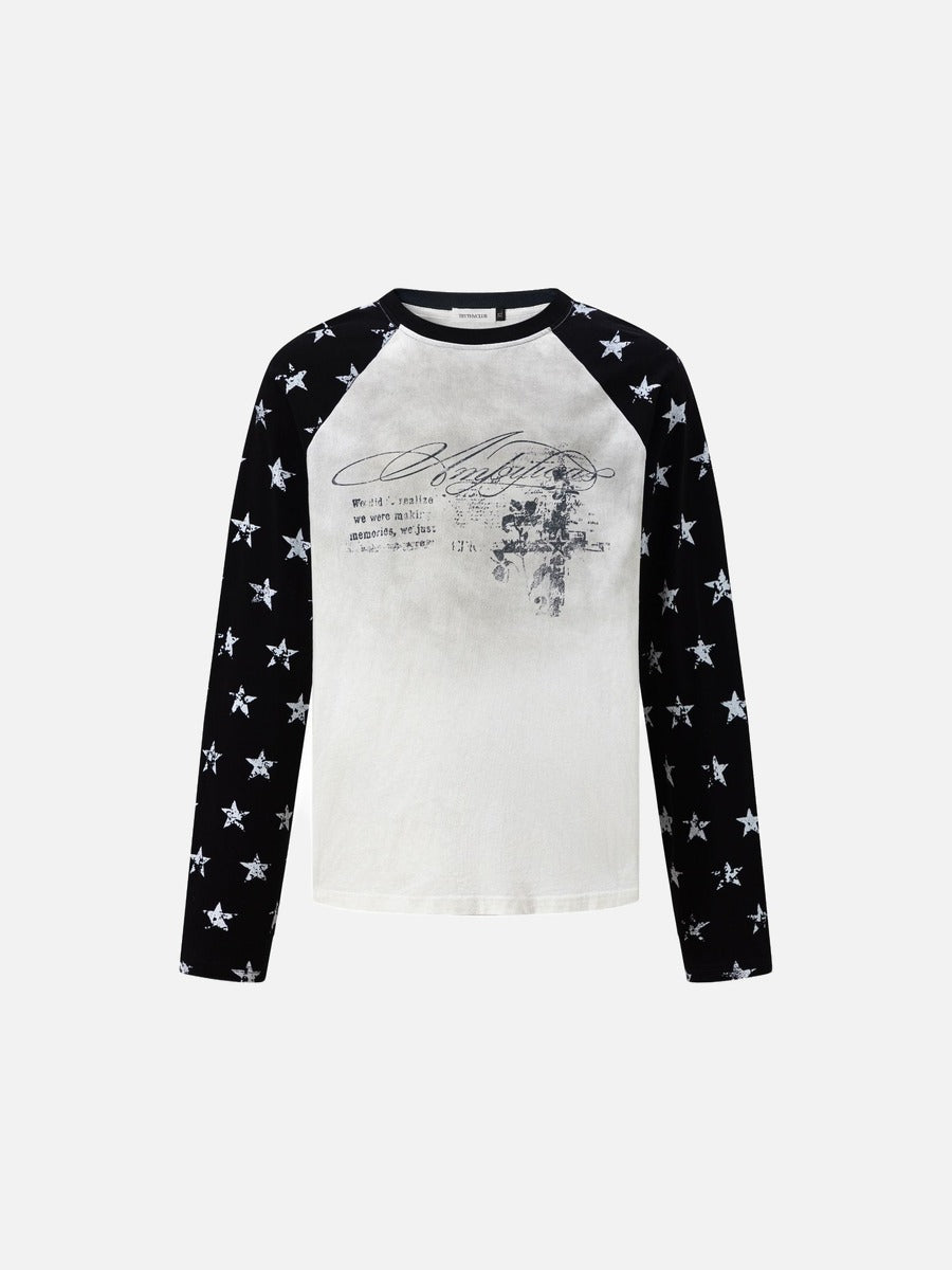 Distressed White Star Raglan Long Sleeve T-Shirt