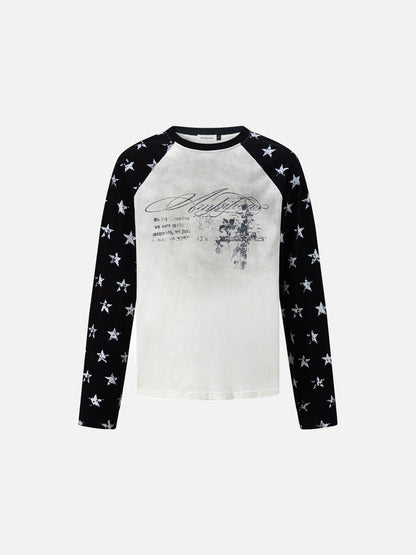 Distressed White Star Raglan Long Sleeve T-Shirt
