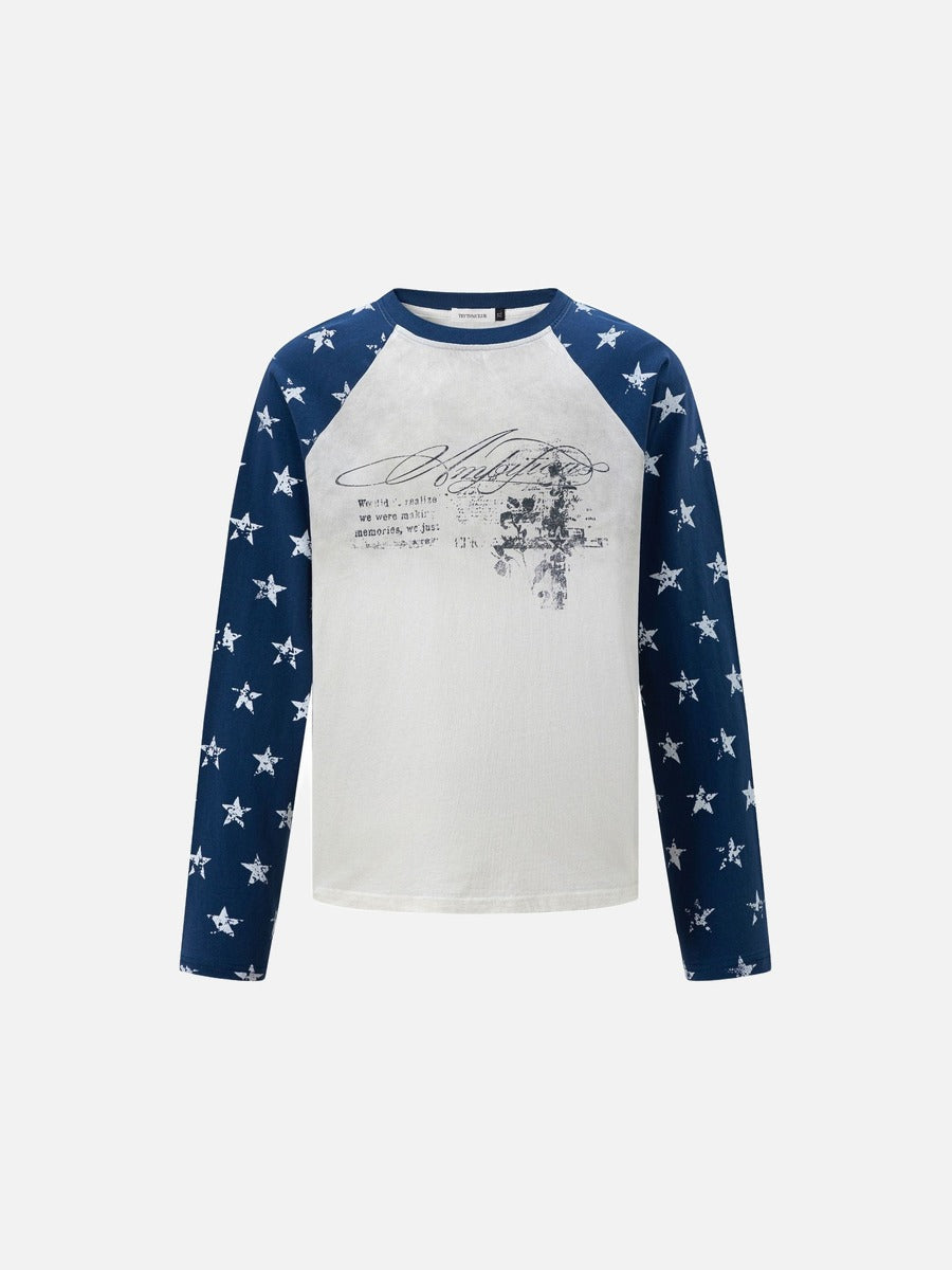 Distressed White Star Raglan Long Sleeve T-Shirt