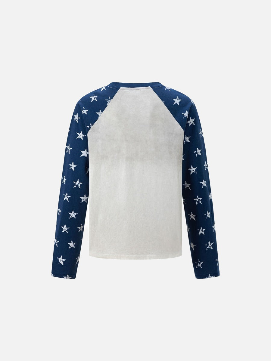 Distressed White Star Raglan Long Sleeve T-Shirt