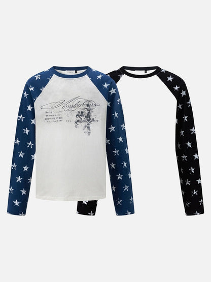 Distressed White Star Raglan Long Sleeve T-Shirt