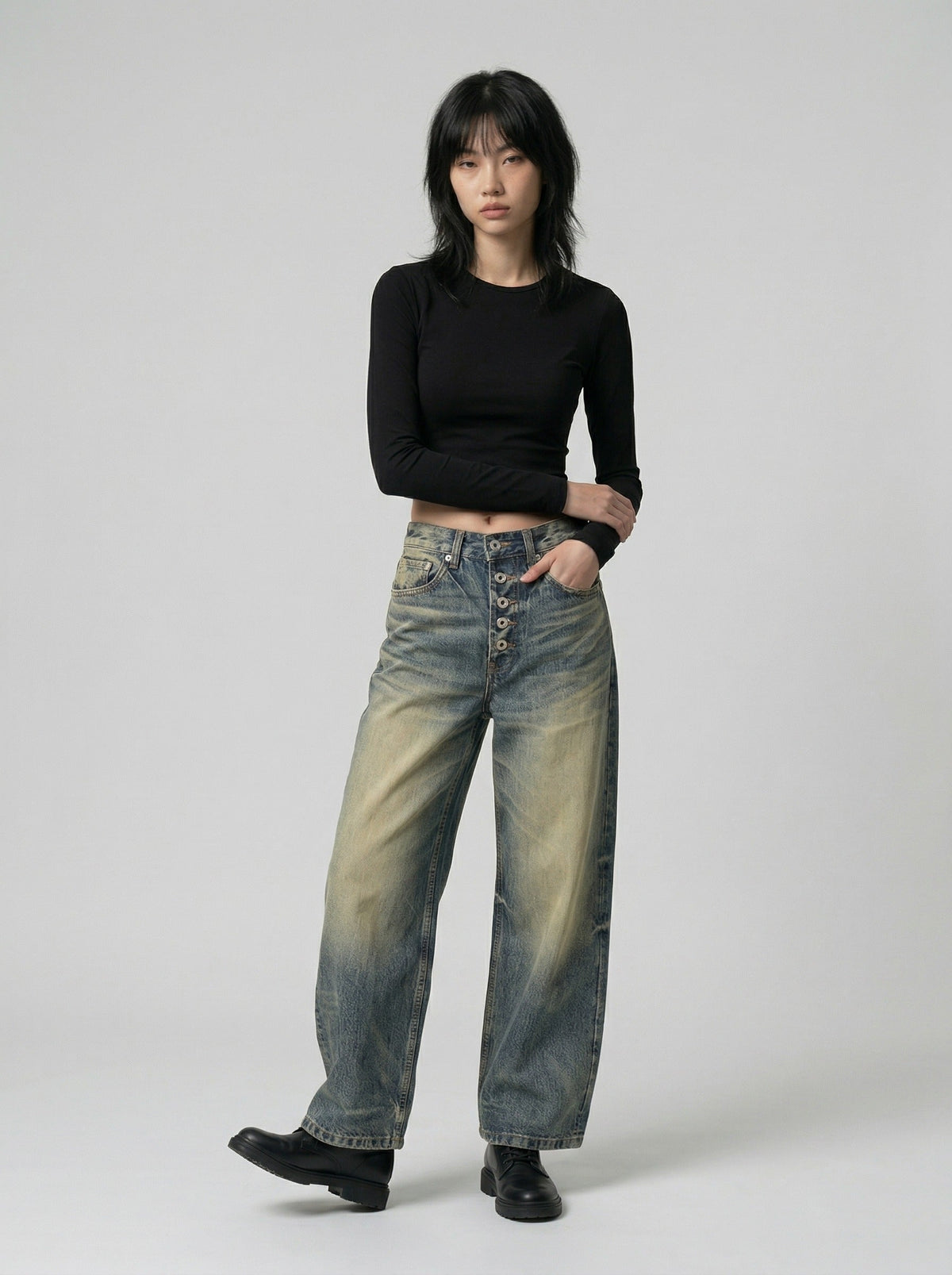 DAXUEN Distressed wide-leg high-waisted jeans — model photo