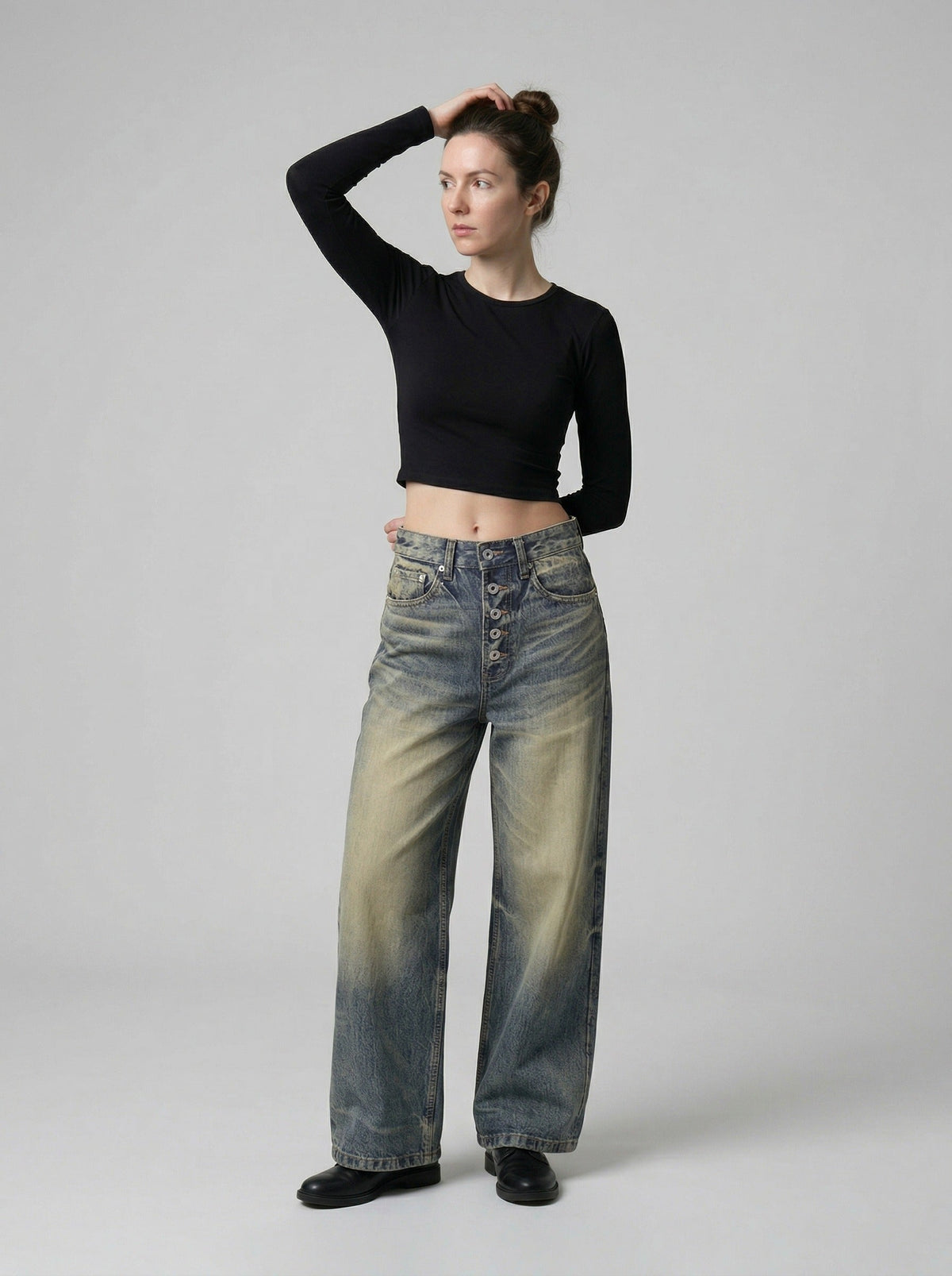 DAXUEN Distressed wide-leg high-waisted jeans — model photo