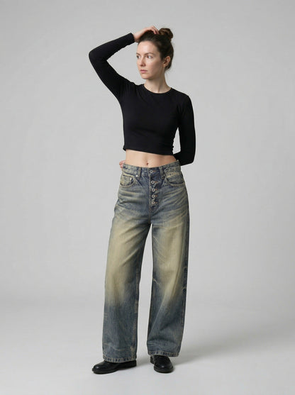 DAXUEN Distressed wide-leg high-waisted jeans — model photo
