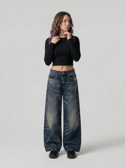DAXUEN Distressed wide-leg jeans in dark blue wash — model photo