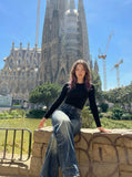 DAXUEN Distressed wide-leg jeans in dark blue wash — model photo