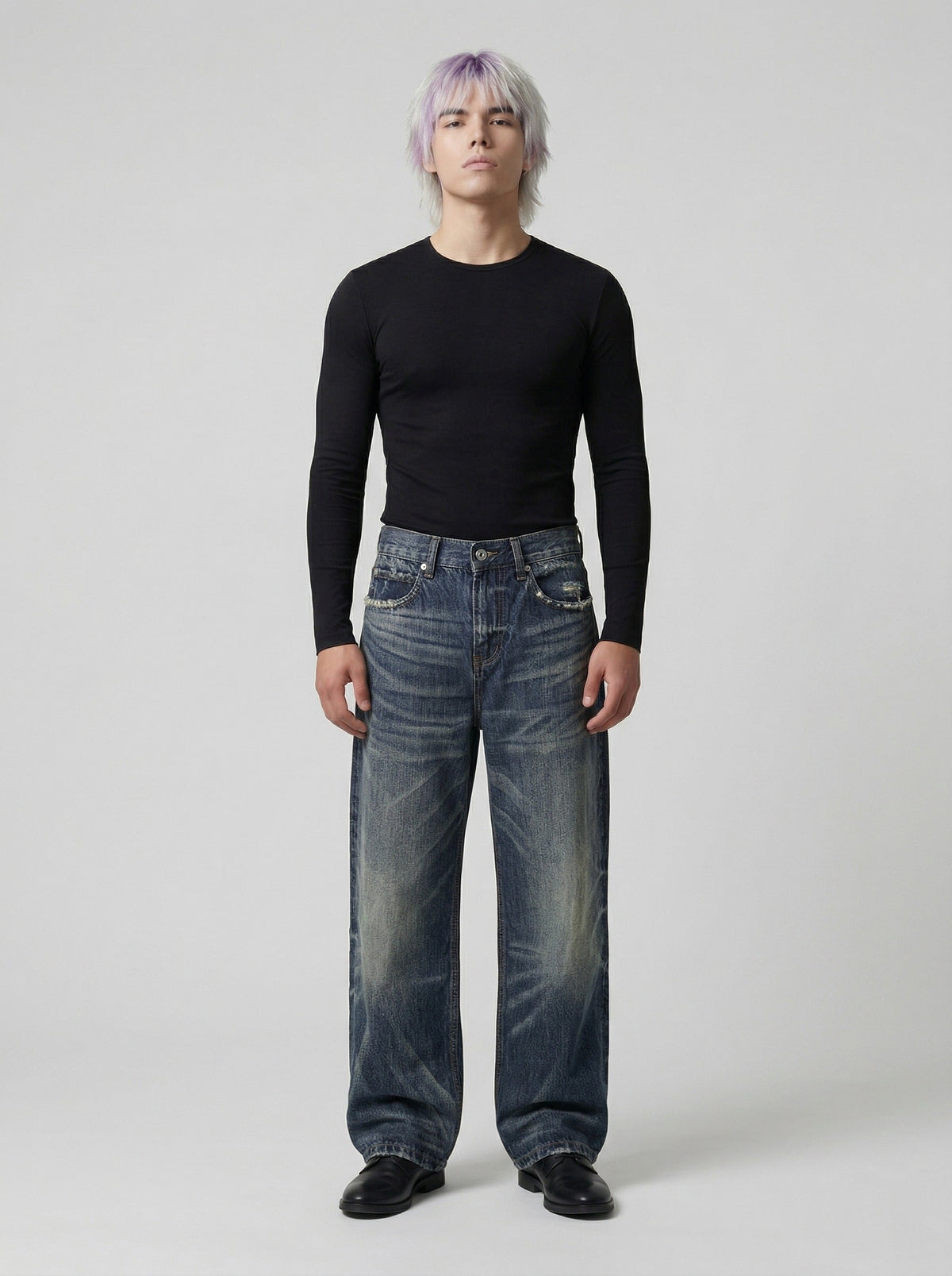DAXUEN Distressed wide-leg jeans in dark blue wash — model photo