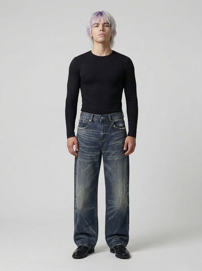 DAXUEN Distressed wide-leg jeans in dark blue wash — model photo