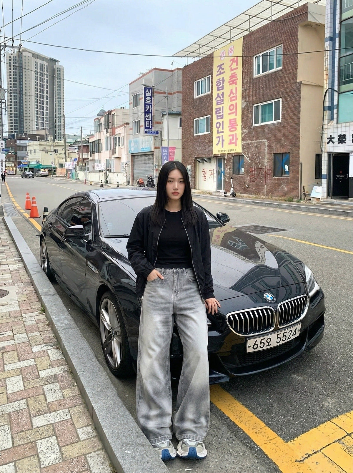 DAXUEN Distressed wide-leg jeans in washed grey denim — model photo