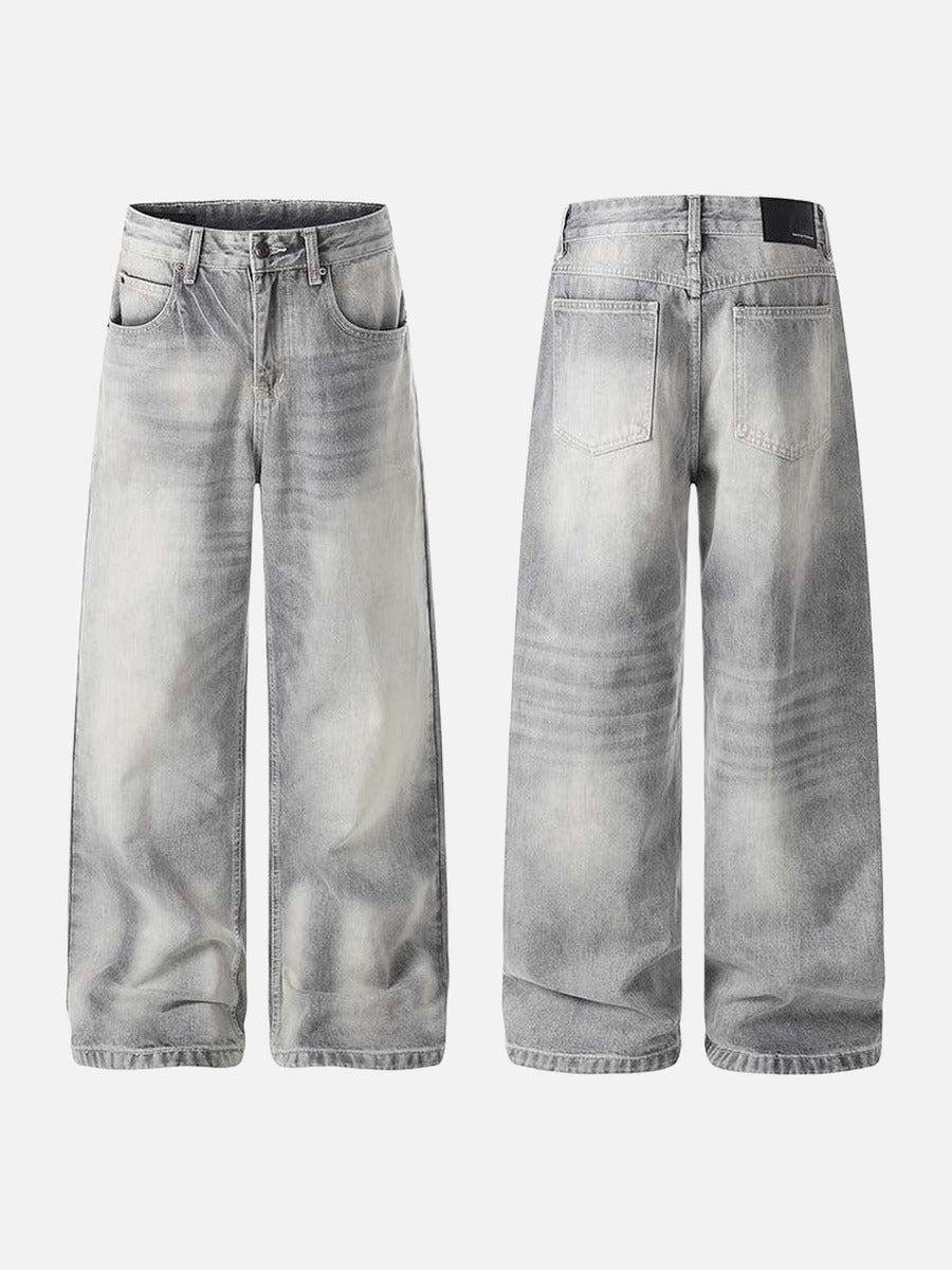 DAXUEN Distressed wide-leg jeans in washed grey denim