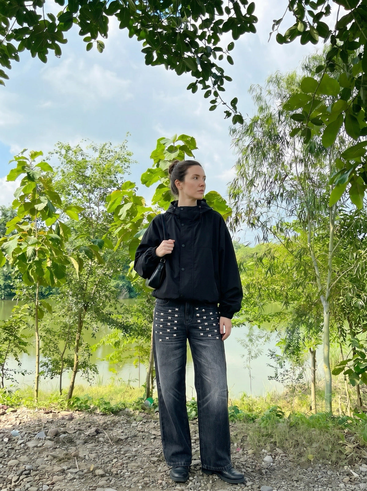 DAXUEN Distressed Wide-Leg Jeans with Studs | DAXUEN — model photo