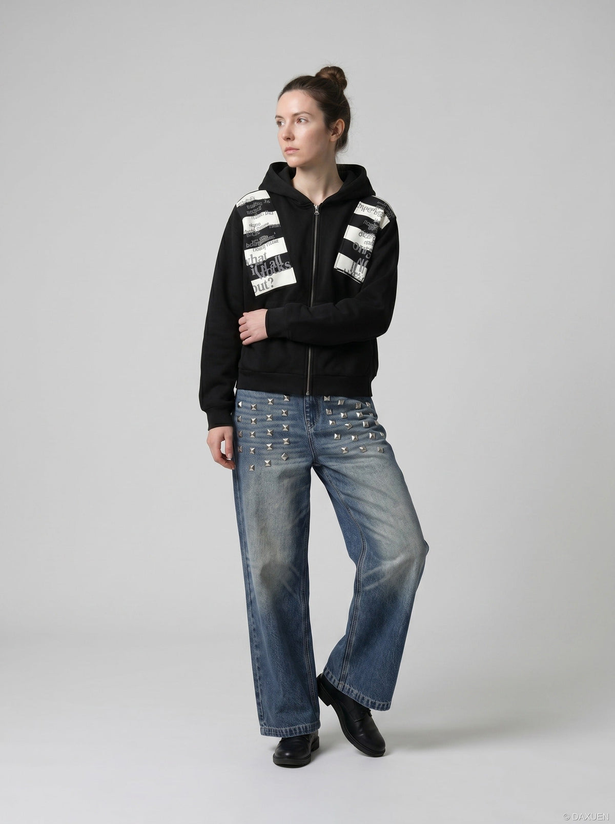 DAXUEN Distressed Wide-Leg Jeans with Studs | DAXUEN — model photo