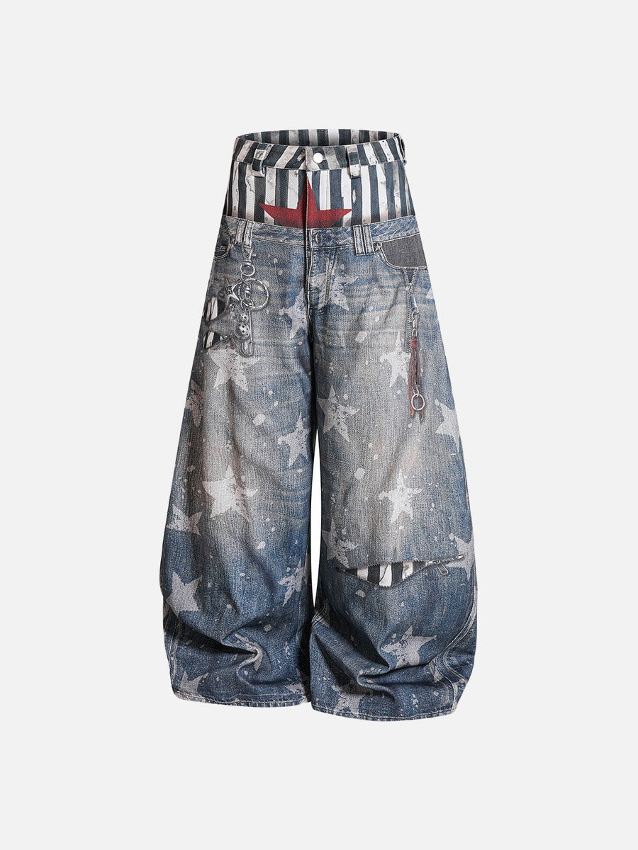 DAXUEN light-to-medium blue distressed wide-leg star print jeans