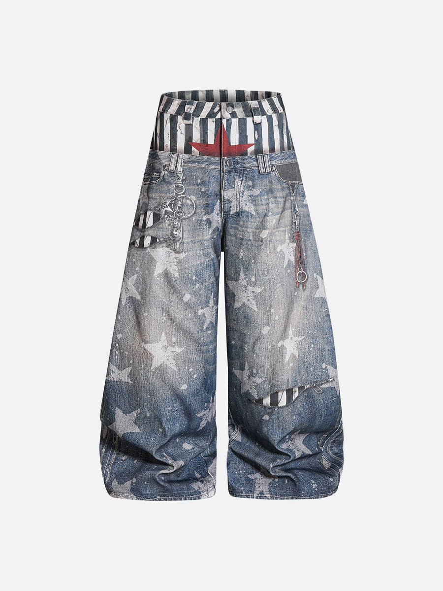 DAXUEN light-to-medium blue distressed wide-leg star print jeans