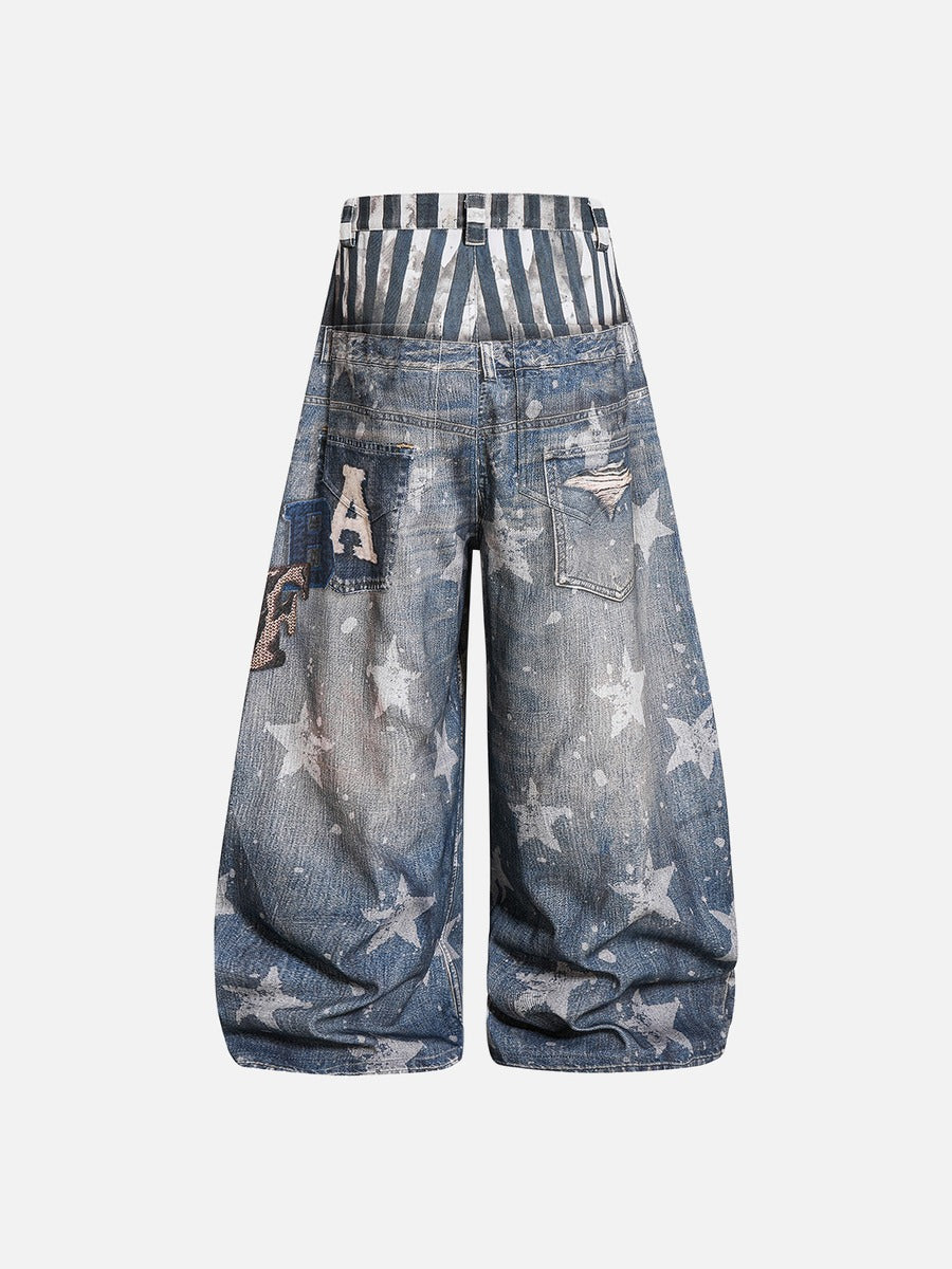 DAXUEN light-to-medium blue distressed wide-leg star print jeans