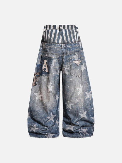 DAXUEN light-to-medium blue distressed wide-leg star print jeans