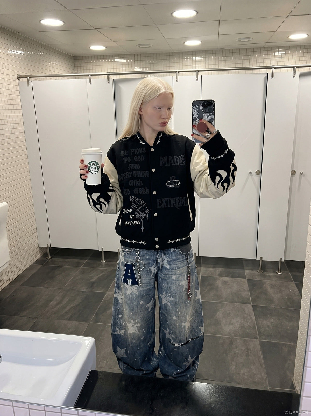 DAXUEN light-to-medium blue distressed wide-leg star print jeans — model photo