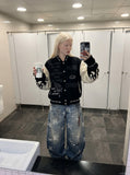 Wide-Leg Star Print Distressed Jeans