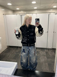 DAXUEN light-to-medium blue distressed wide-leg star print jeans — model photo