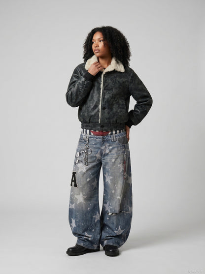 DAXUEN light-to-medium blue distressed wide-leg star print jeans — model photo