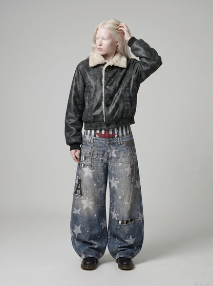 DAXUEN light-to-medium blue distressed wide-leg star print jeans — model photo