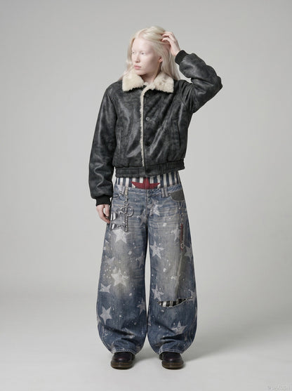 Wide-Leg Star Print Distressed Jeans