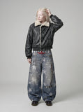 Wide-Leg Star Print Distressed Jeans