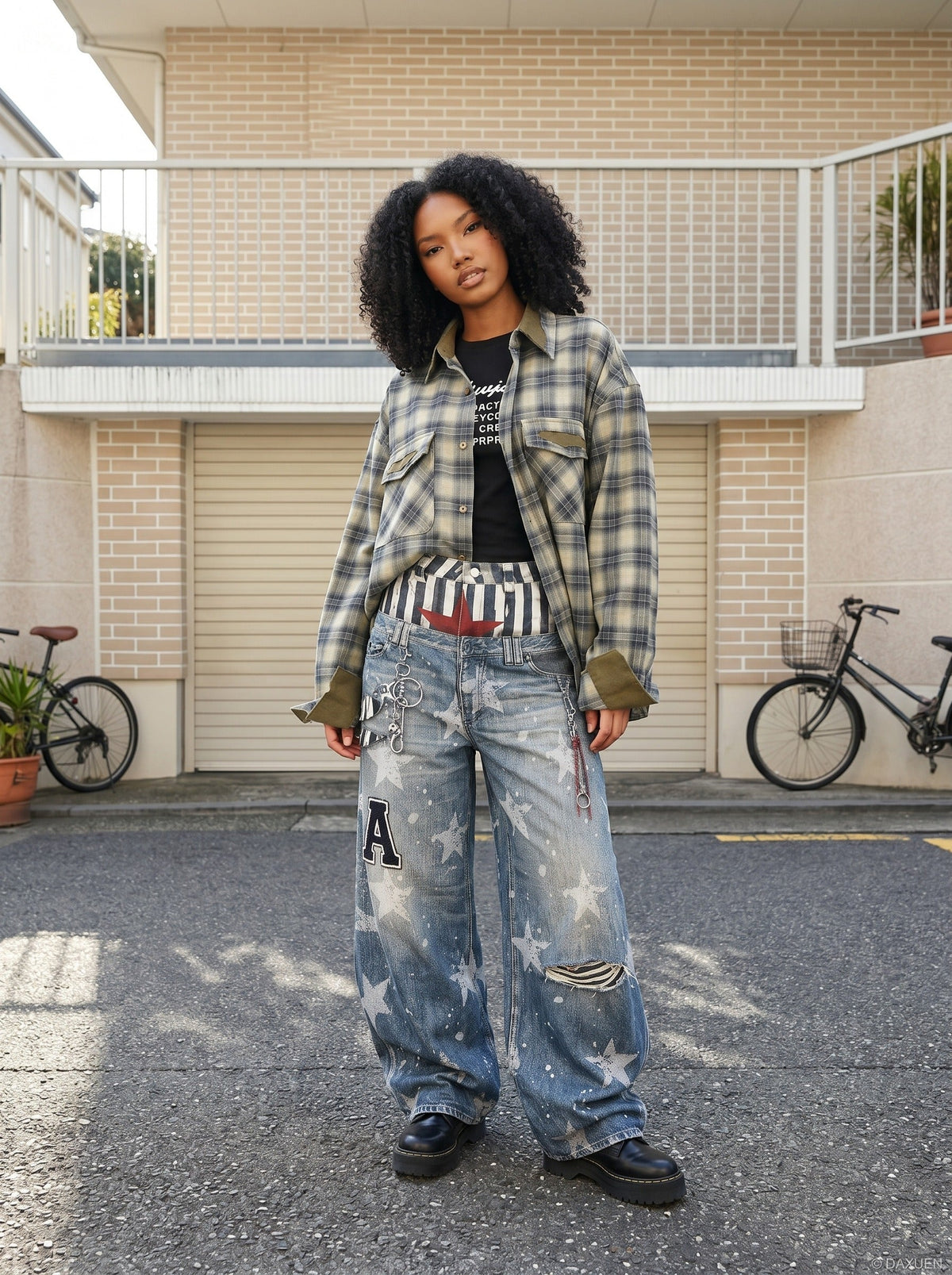 DAXUEN light-to-medium blue distressed wide-leg star print jeans — model photo