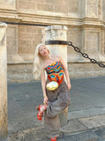 DAXUEN Distressed wide-leg trousers in taupe with paint splatters — model photo