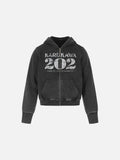 DAXUEN washed black distressed word and number graphic zip hoodie