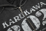 DAXUEN washed black distressed word and number graphic zip hoodie