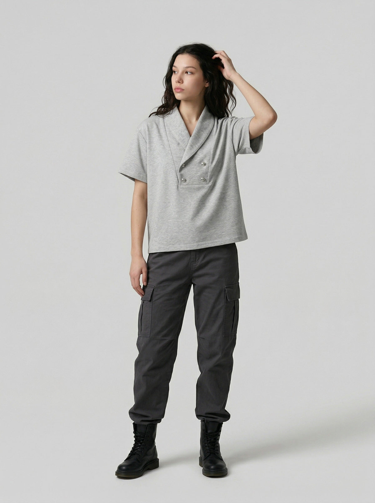 DAXUEN Double-breasted short-sleeved top with shawl collar — model photo